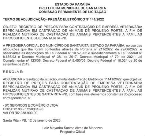 PREFEITURA MUNICIPAL DE SANTA RITA TERMO DE ADJUDICAÇÃO PREGÃO