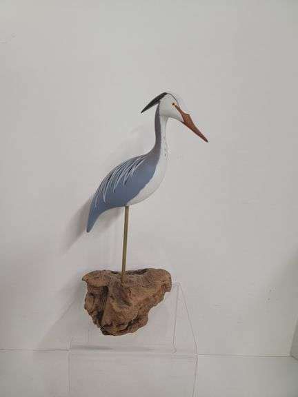 Hand Carved Signed Blue Heron Delaware Auction Center