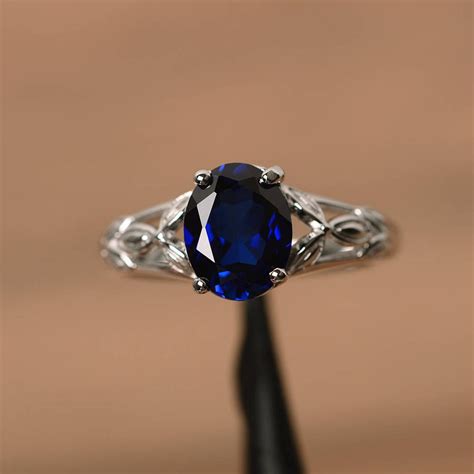 Lab Blue Sapphire Ring Wedding Engagement Ring Oval Cut Sterling Silver