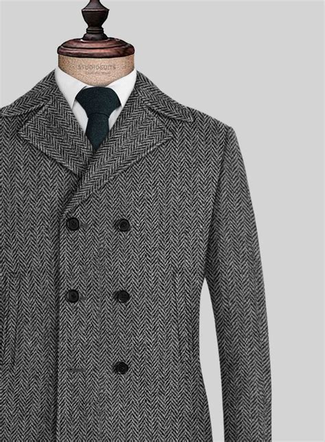 Studiosuits Harris Tweed Gray Herringbone Pea Coat Herringbone Tweed