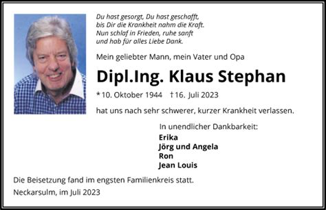 Traueranzeigen Von Klaus Stephan Trauerundgedenken De