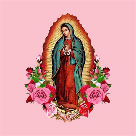 The Virgin Mary Is Surrounded By Flowers And Roses On A Pink Background