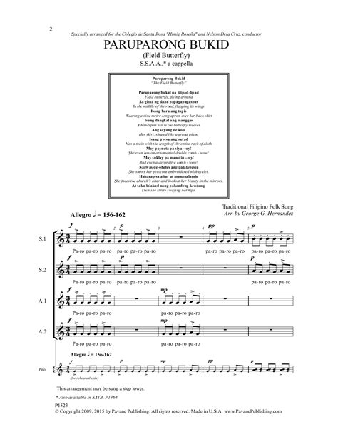 Download George G. Hernandez "Paruparong Bukid" Sheet Music for SSAA Choir | Chords/Lyrics PDF ...