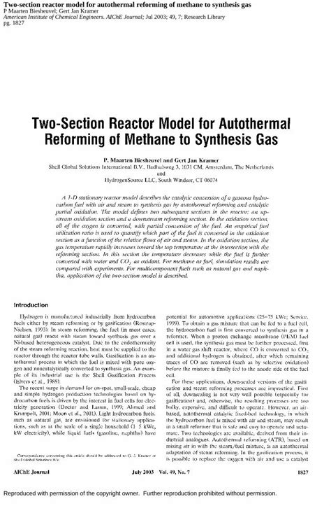 Pdf Two Section Reactor Model For Autothermal Reforming Of Two