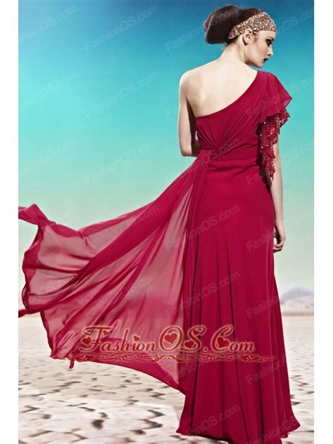 Wine Red Empire One Shoulder Floor Length Chiffon Beading Prom Dress