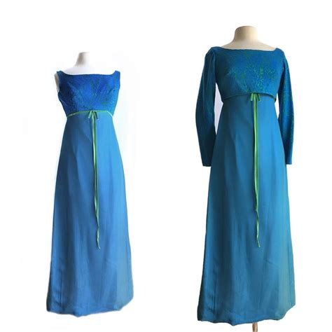 Vintage 60s Royal Blue And Green Gown With Chenille Bolero By Mendicino