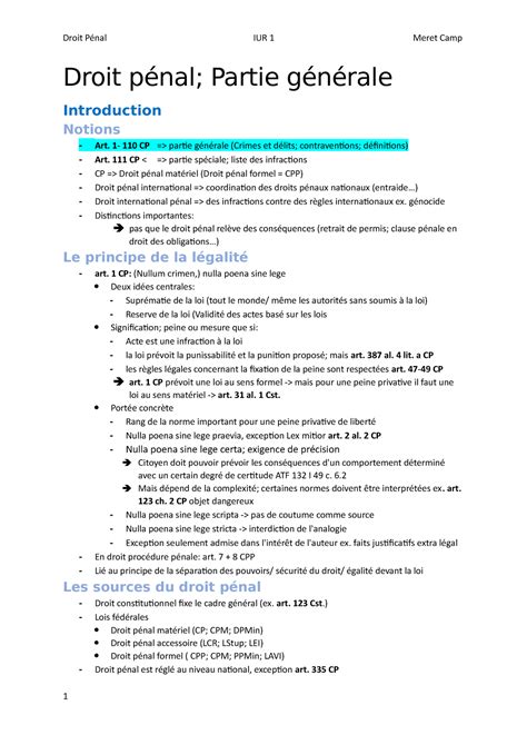 Résumé du cours Droit pénal Partie générale Introduction Notions