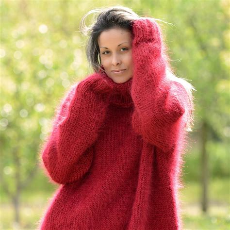 New Hand Knit Mohair Sweater Red Oversized Fuzzy Turtleneck Etsy