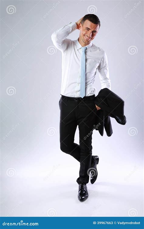 Happy Business Man Holding Jacket Stock Image Image Of Length