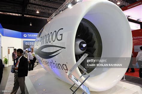 A Pratt and Whitney PurePower PW1100G-JM engine is displayed at the ...