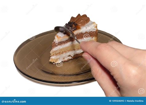 Spoon Breaks Off Piece Of Cake On Plate On White Isolated Background Stock Image Image Of