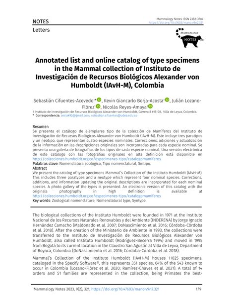 PDF Annotated List And Online Catalog Of Type Specimens In The Mammal