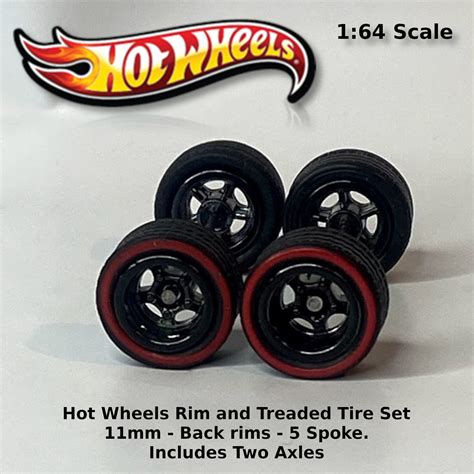 Hot Wheels 10mm 10mm Black Redline With Black Rims 5 Spoke Treaded Rubber Tire Set