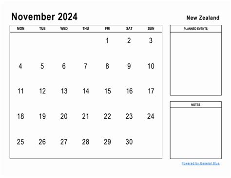 November Planner With New Zealand Holidays