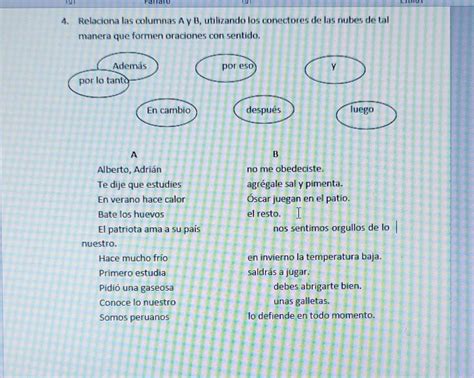 4 Relaciona Las Columnas A Y B Utilizando Los Conectores De Las Nubes