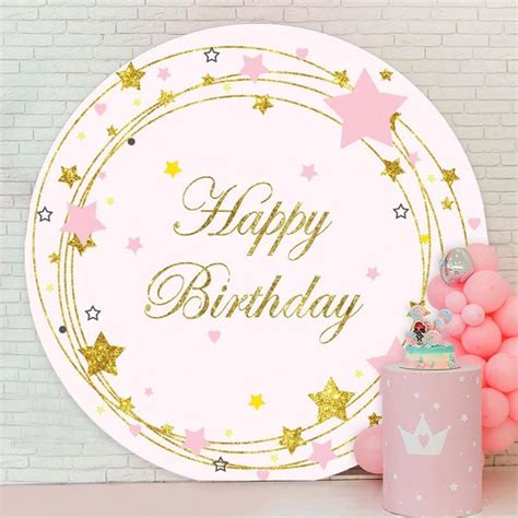 Aperturee Gold Glitter Star Round Pink Happy Birthday Backdrop Birthday Backdrop Pink Happy