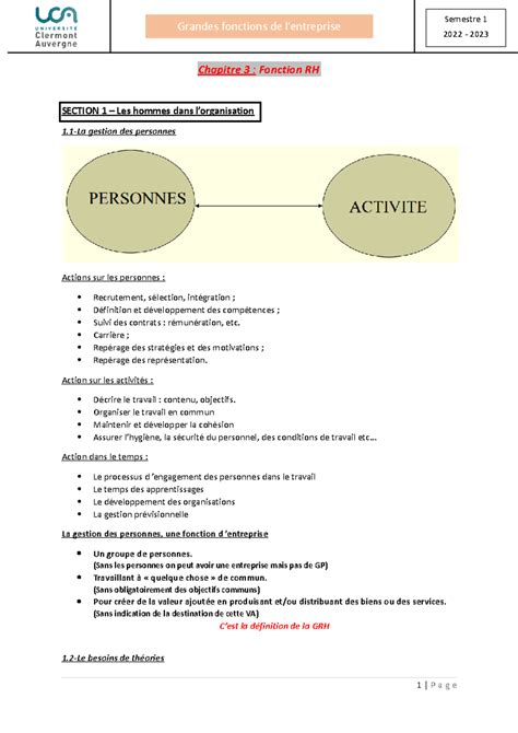 3. Chapitre 3 - Fonction RH - Chapitre 3 : Fonction RH SECTION 1 – Les