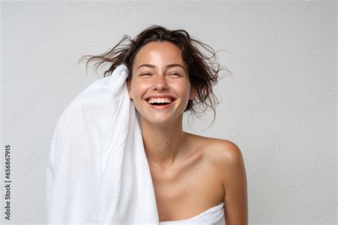 Attractive Woman Face In Towel Beauty Portrait Of A Smiling Attractive Half Naked Woman Skin