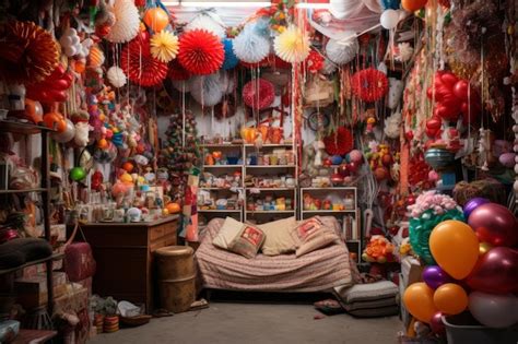 Premium Photo A Room Decorated With Colorful Paper Flowers And Balloons