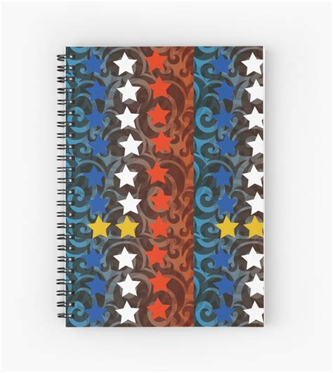 A Spiral Notebook With Stars And Swirls On The Front In Brown Blue Red