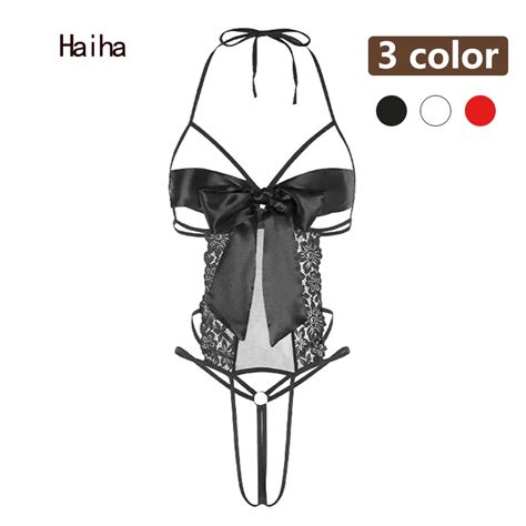Haiha Sexy Lingerie Nighties Lace Bow Temptation Sling Open Crotch Jumpsuit Panty For Woman
