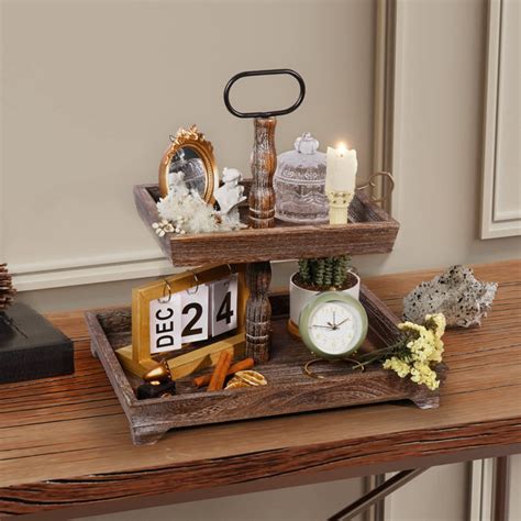 Loon Peak® Farmhouse Two Tiered Tray Wood Tiered Tray Decor 2 Tier