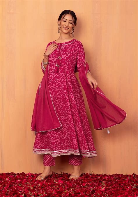 Buy Women Pink Bandhani Print Cotton Anarkali Kurta With Pants And