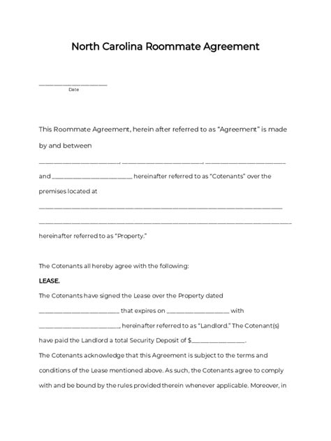 Fillable Online Free North Carolina Roommate Agreement Form Pdf