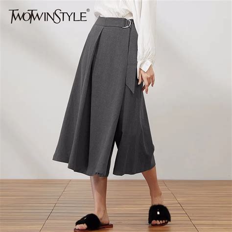 TWOTWINSTYLE Patchwork Wide Leg Pants For Women High Waist Lace Up