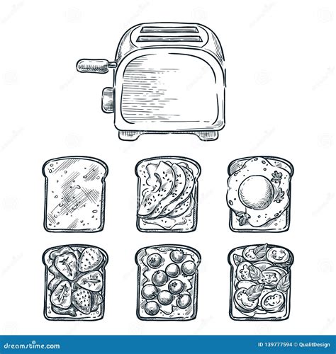 Toaster And Various Toppers On Toasted Bread Cooking Breakfast Vector