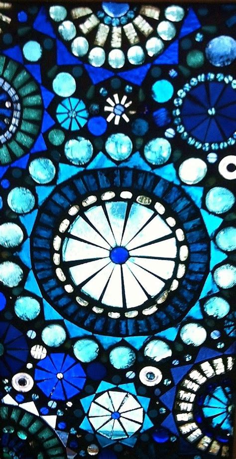 Glass Mosaic Window Panel Abstract Blue Circles On Self Standing Frame