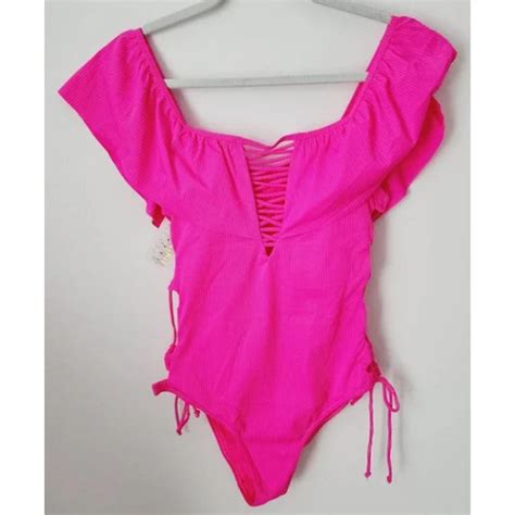 Tinibikini Swim Tinibikini Swimwear Hot Pink Ribbed Onepiece Swimsuit Ruffle Neckline Med