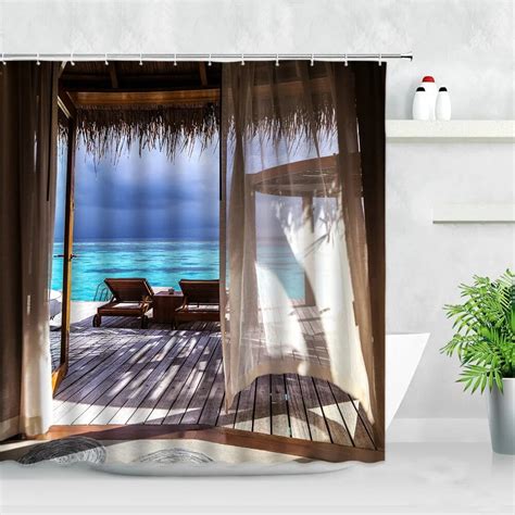 Seaside Beach Shower Curtains Tropical Palm Trees Plant Ocean Hawaii