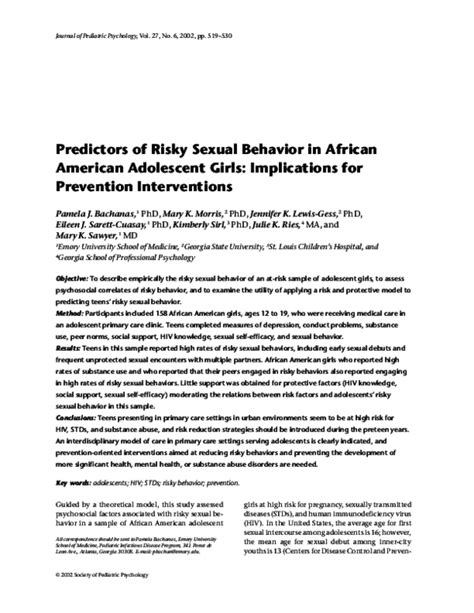 Pdf Predictors Of Risky Sexual Behavior In African American