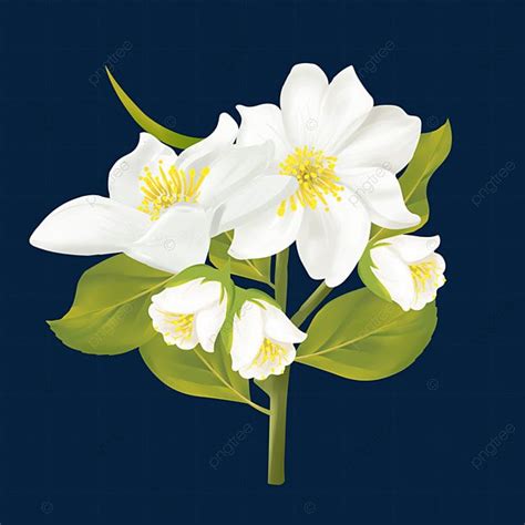 three white flowers with green leaves on a dark blue background, flower ...