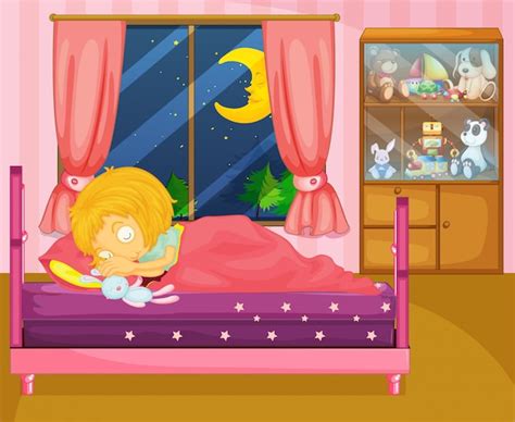 Una niña durmiendo profundamente en su habitación Vector Premium