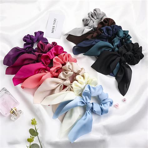 Резинки для волос женские, шифоновые, однотонные, с бантом | AliExpress