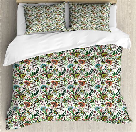 Floral Queen Size Duvet Cover Set, Hand Drawn Composition with Fresh ...