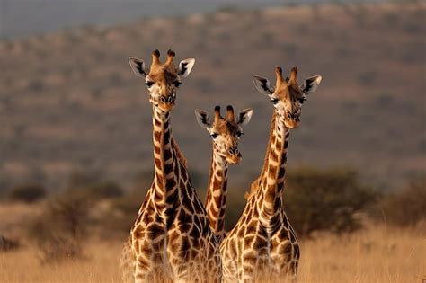 Tres Jirafas De Pie En Un Campo De Hierba Con Rboles Al Fondo Ia