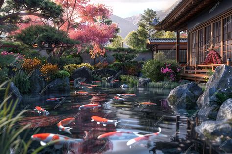 Premium Photo | A traditional Japanese garden with a koi pond