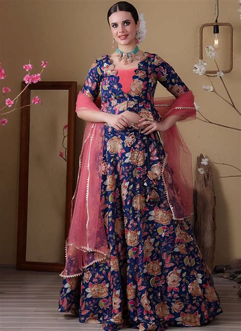 Shop Blue Embroidered Chinon N Pink Net Lehenga Set Festive Wear Online