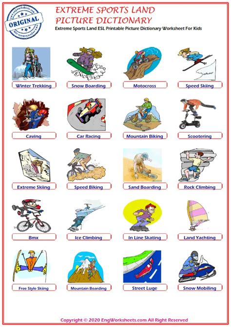 Extreme Sports Land Printable English Esl Vocabulary Worksheets