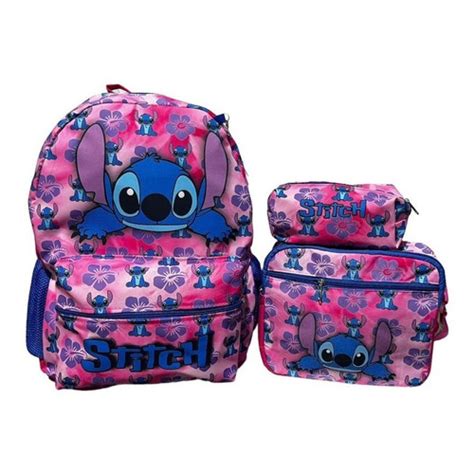 Kit Mochila Escolar Stitch Rosa Costas Lancheira Termica Estojo