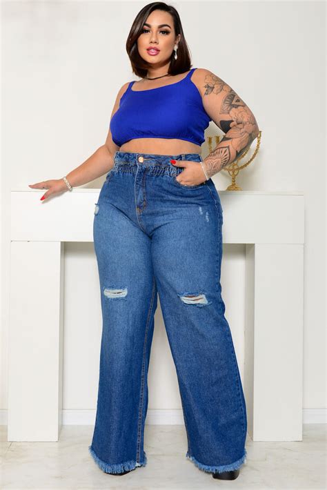 Cal A Plus Size Wide Leg Lavagem Escura Vk Moda Plus Size