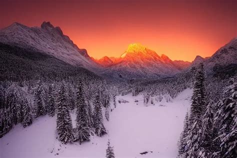 Amazing Landscape Photo Of Snowy Mountains At Sunset Stable Diffusion