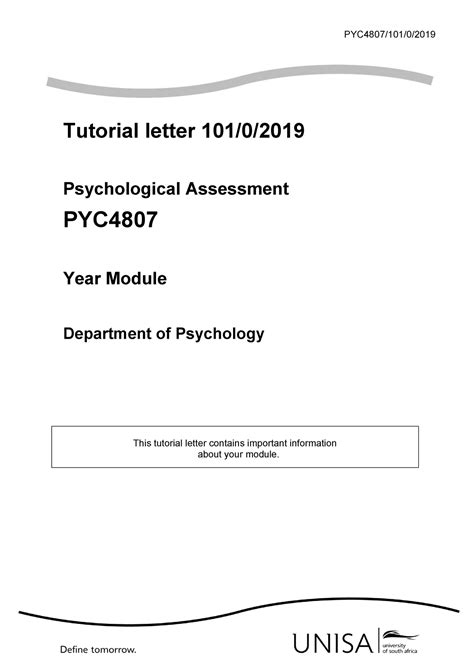 Psychological Assessment Pyc Tutorial Letter Pyc