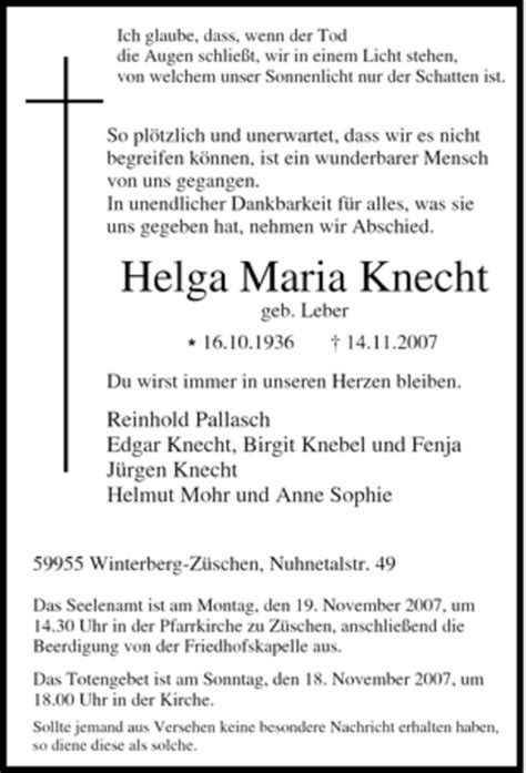 Traueranzeigen Von Helga Maria Knecht Trauer In Nrw De