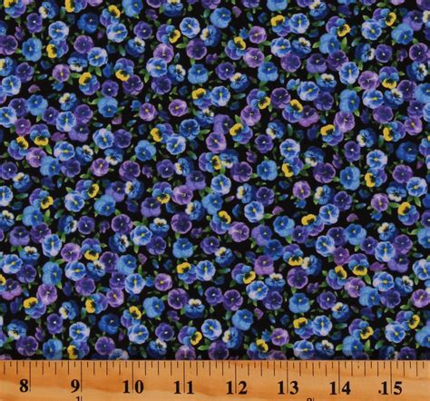 Cotton Pansies Pansy Flowers Floral Blooms Spring On Black Cotton