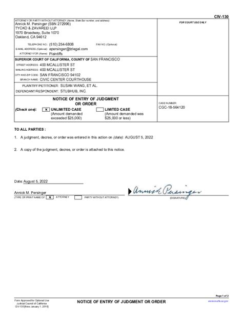 Fillable Online Sample Form B Notice Of Entry Of Judgment Fax Email