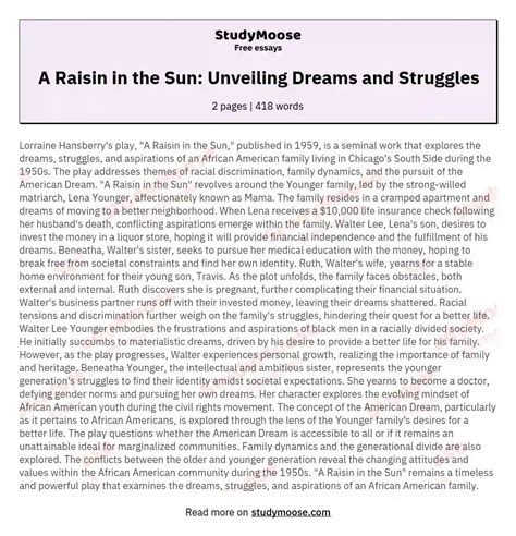 A Raisin in the Sun: Unveiling Dreams and Struggles Free Essay Example